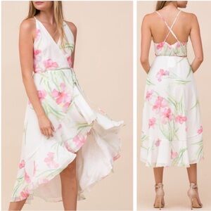Yumi Kim White Waterfront Midi Cocktail Dress in Pink Floral Hibiscus Cove Small